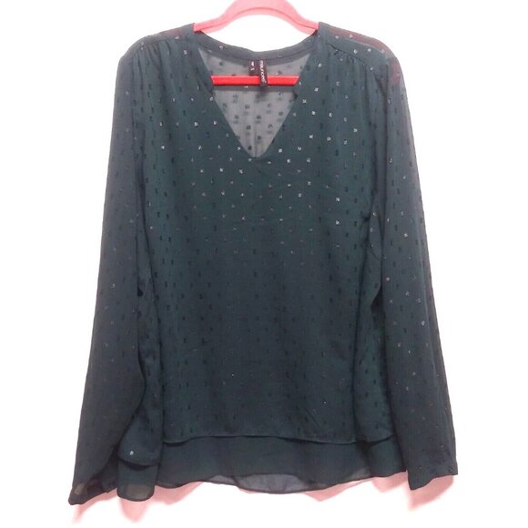 Maurices Tunic Top Womens 3X dark Green Long sleeve sheer dotted V neck pullover - Picture 1 of 13